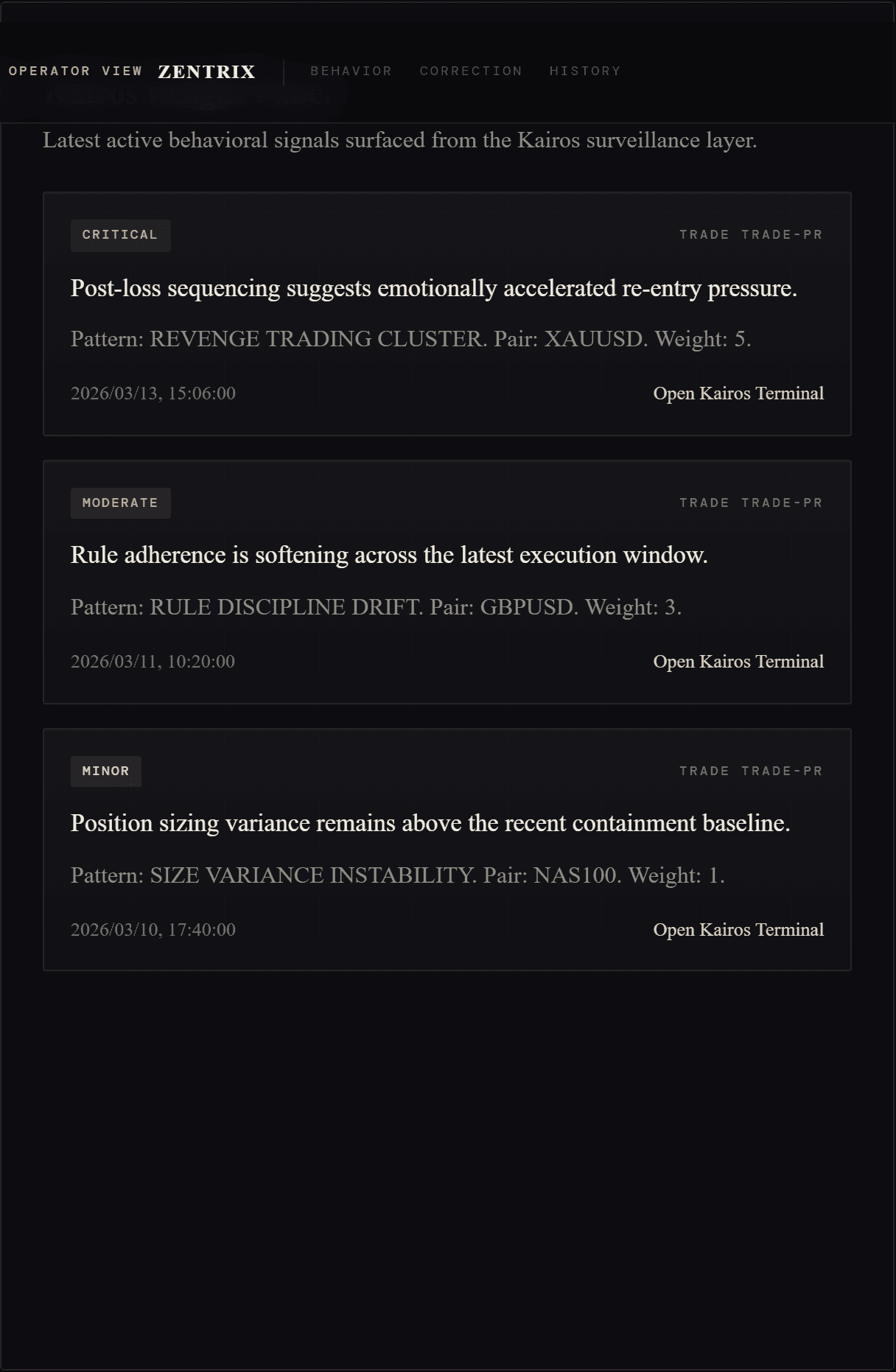 The Kairos pattern log: behavioral insights classified by severity per trade